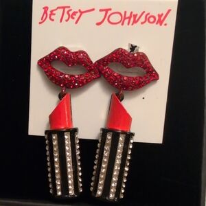 BETSEY JOHNSON Lipstick Earrings Drop Studs Going All Out Sparkly Rhinestone Lip